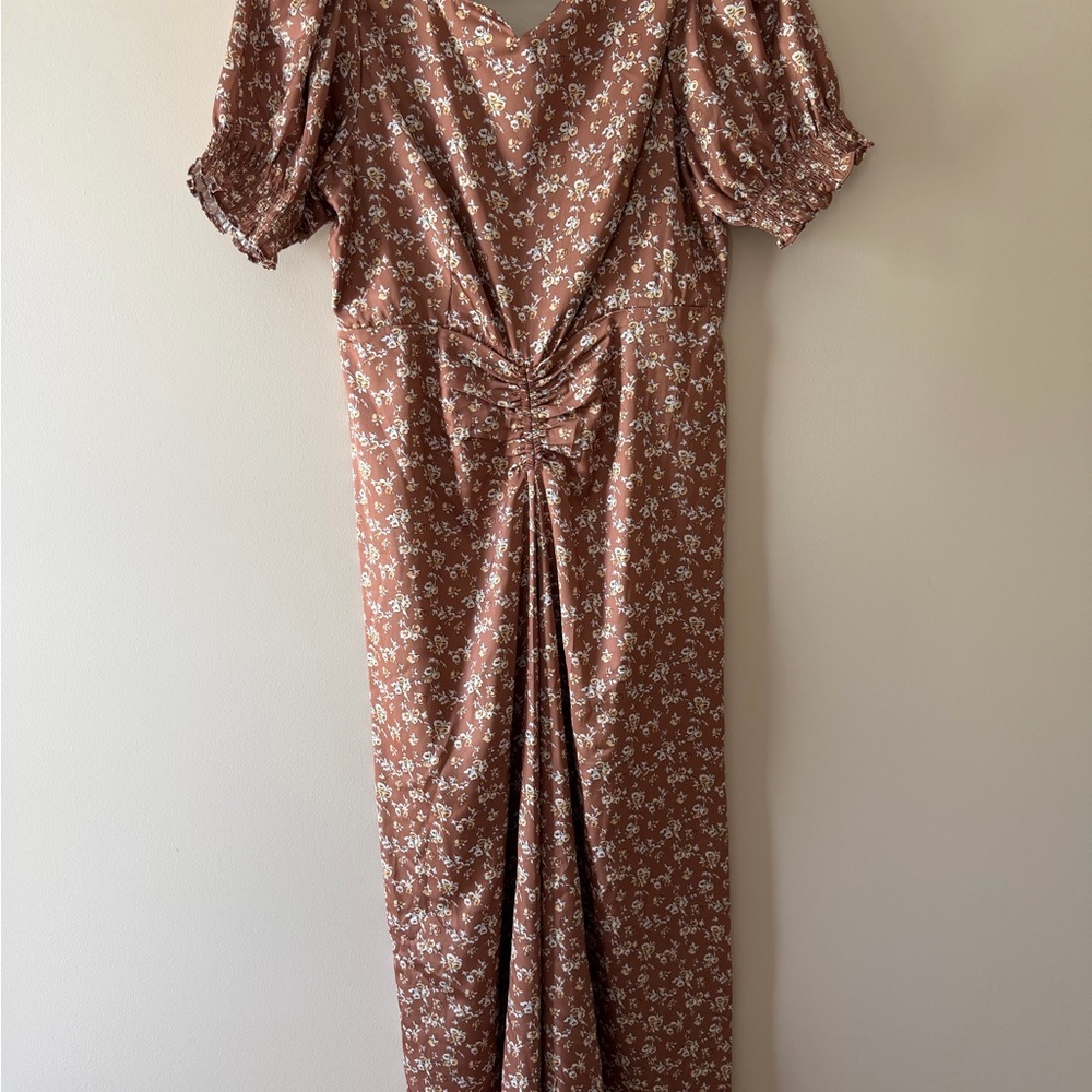 SHEIN Brown Floral Ruched Front Maxi Dress